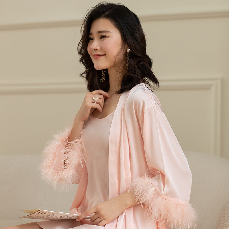 Women’s Ice Silk Feather Pajamas Set