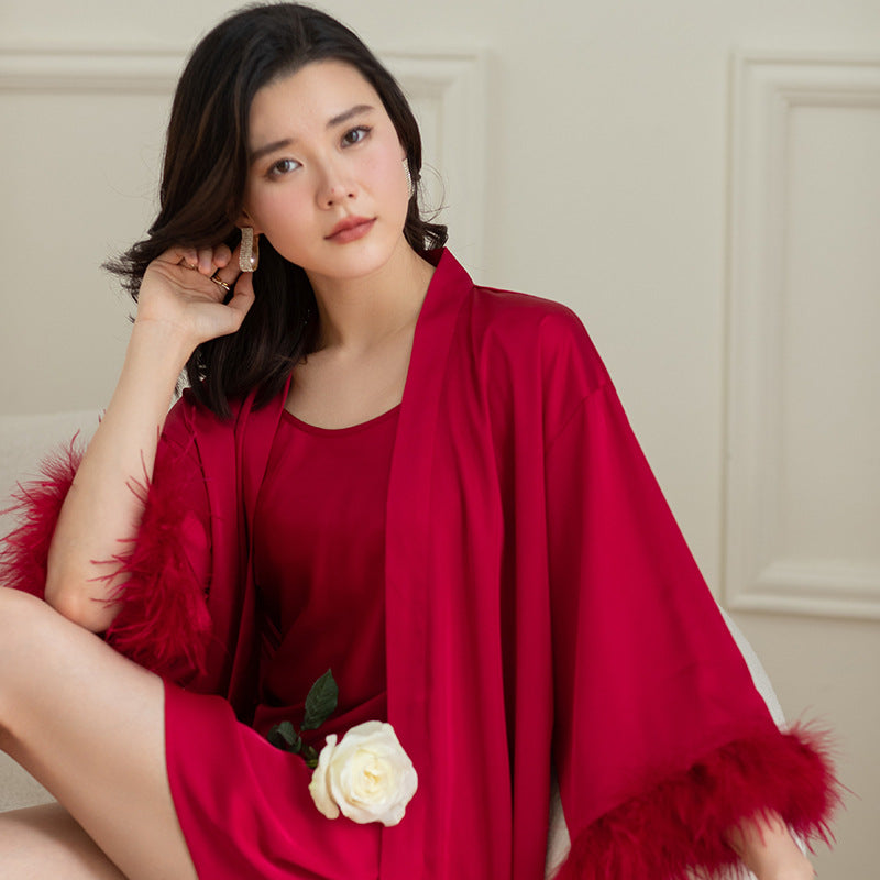 Women’s Ice Silk Feather Pajamas Set