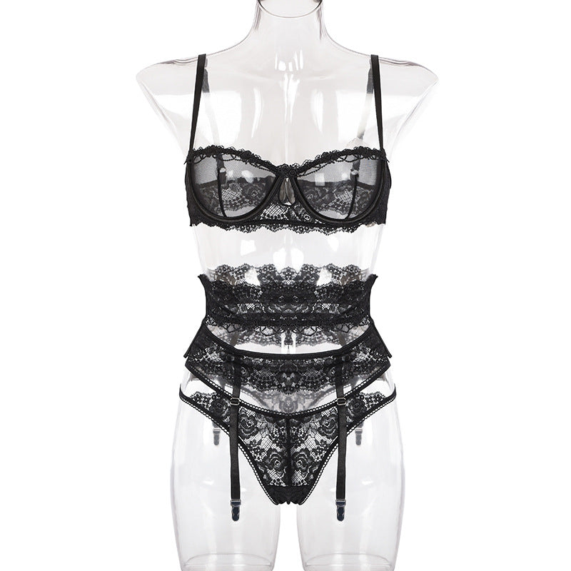 Midnight Serene Desire – Transparent Lace 3-Piece Intimates Set