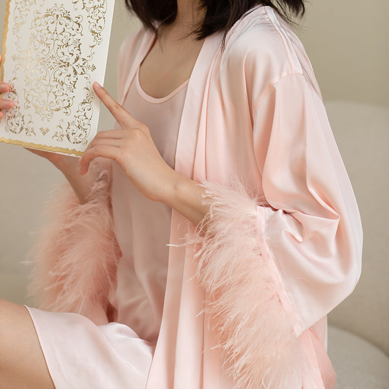Women’s Ice Silk Feather Pajamas Set