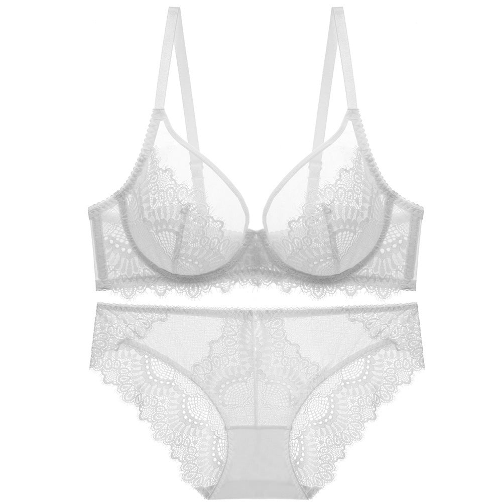 White transparent lace bra and panty set arranged on a soft white backdrop.
